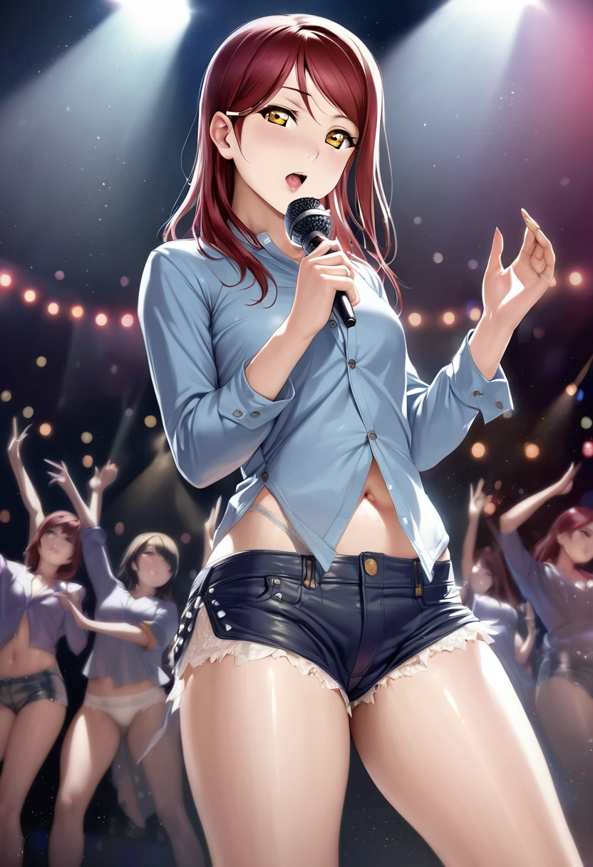 Hentai anime,hentai artist,masterpiece, best quality, realistic anime art, front light,solo, blue shiny top,long sleeved, very short shorts, unbuttoned micro shorts, diamond studded,idol, holding microphone,dark red hair , thighs,yellow eyes , sakurauchi riko love live, standing , looking at viewer , on stage, underwear visible 