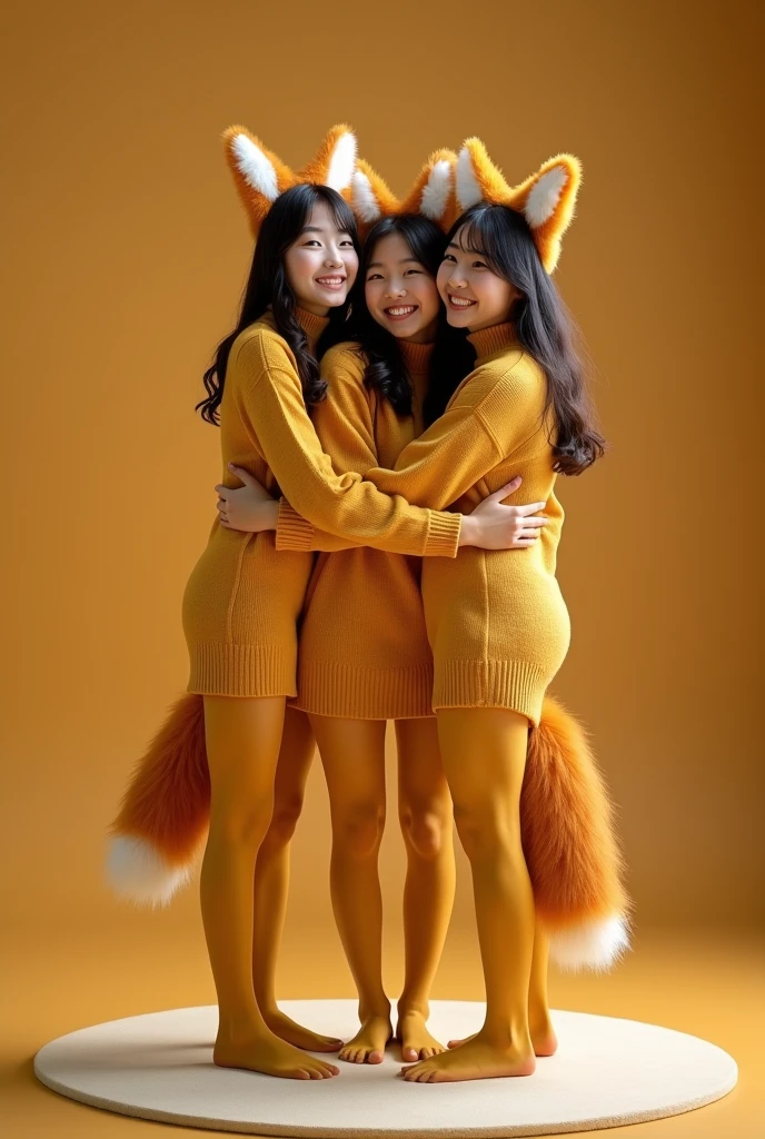 Three Japanese women with short hair、She is wearing a short, high-necked mustard-colored sweater, thick mustard-colored tights, and fox ears.、She was wearing only tights and no shoes、On a small circular stage、Standing on tiptoes and posing like a fox, smiling、Nostalgic atmosphere、A full-body photo