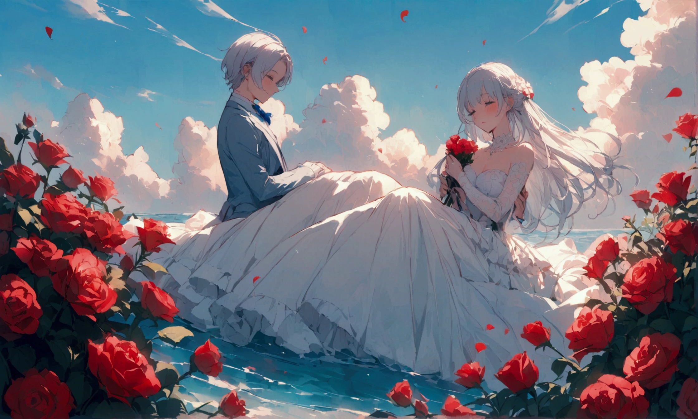 In a romantic atmosphere，Couple cuddling，Stroll through the Sea of Roses，Under the blue sky and white clouds，Feel the romantic theme of Valentine&#39;s Day&#39;s Day。