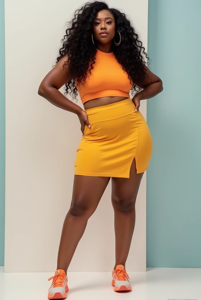 Mixed black ethnicity, curvy girl, long curly hair, wide hips, curvy body, wearing Women’s 2024 Summer Mini Skirt Tennis Athletic Inner Shorts Side Slit Workout Golf Bodycon Casual Skorts Clothes