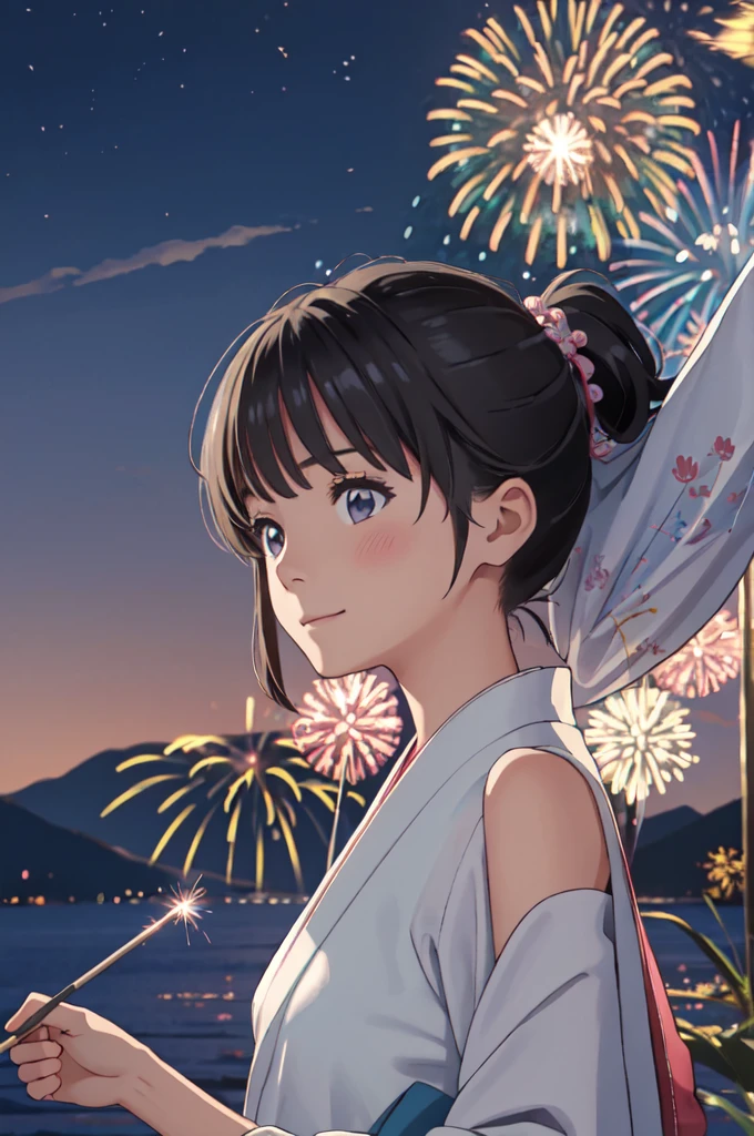 masterpiece, best quality, ultra detailed, highres, extremely detailed CG unity 8k wallpaper, perfect lighting,  very detailed background, beautiful and aesthetic,sharp focus, perfect face, dynamic pose, dynamic angle,
1girl, upper body, (portrait:1.1), multicolored yukata, kanzashi, looking at viewer,  full-face blush, from side, from below, smile,
night, dark sky, misty lake, mountainous horizon, break,aerial fireworks,  (Full of sky fireworks:1.2),
Shoulder Bare、Off the shoulder