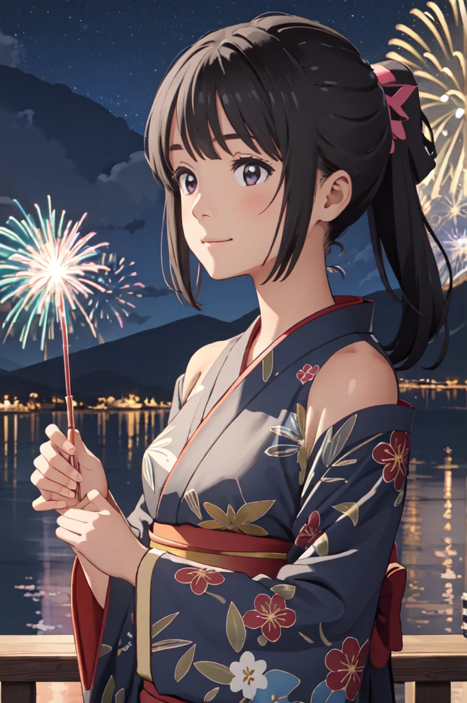 masterpiece, best quality, ultra detailed, highres, extremely detailed CG unity 8k wallpaper, perfect lighting,  very detailed background, beautiful and aesthetic,sharp focus, perfect face, dynamic pose, dynamic angle,
1girl, upper body, (portrait:1.1), multicolored yukata, kanzashi, looking at viewer,  full-face blush, from side, from below, smile,
night, dark sky, misty lake, mountainous horizon, break,aerial fireworks,  (Full of sky fireworks:1.2),
Shoulder Bare、Off the shoulder