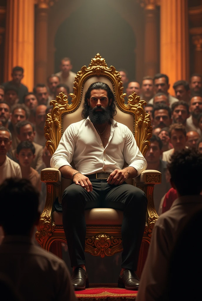 A man with dark hair and beard sitting In golden king chair in centre of people crowd men the man wearing white shirt and black pant in night time yellow light performing in stage