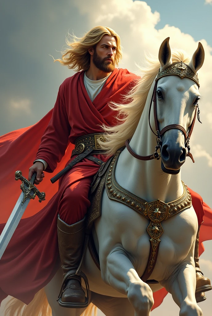 Lord Jesus Christ, blond hair, hairstyle with a middle parting, mushroom cut, short hair, dressed in red with a sharp sword in his hand, looking like a warrior, anger on his face, adult appearance of about 33 years old, standing on the clouds, Whole body, simple sword, with a white horse in war armor at his side, the sword in his hand, fire Eyes, the horse in war armor , angry horse, more clouds, horse near him, sharp sword in his hand, silver sword armor for the horse, the sword taken by the handle, with force, the sword is sharper, very shiny blond beard the same hair,