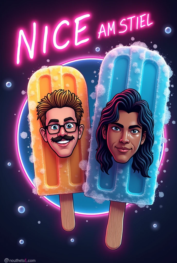 I need a significant logo for a YouTube channel which contains topics like movies, action figures, cosplays, video games and pop culture. the name of channel is NICE AM STIEL which is a german pun for a popsicle which means EIS AM STIEL in german. please visualize a proper logo with the likeness of a popsicle and everything I mentioned in the description. Be sure that the logo looks like two 80's characters like the main protagonists from MIAMI VICE - made them out of popsicle, one Male has a mustache, a Mullet and a light skin tone and the other Male has slightly longer black hair and a brown skin tone but most importantly the Logo as to feature the name NICE AM STIEL put the Names "Randy Paradise & Corey Walkman" above that characters be sure that the characters ar two males and DO NOT miss out the popsicle theme