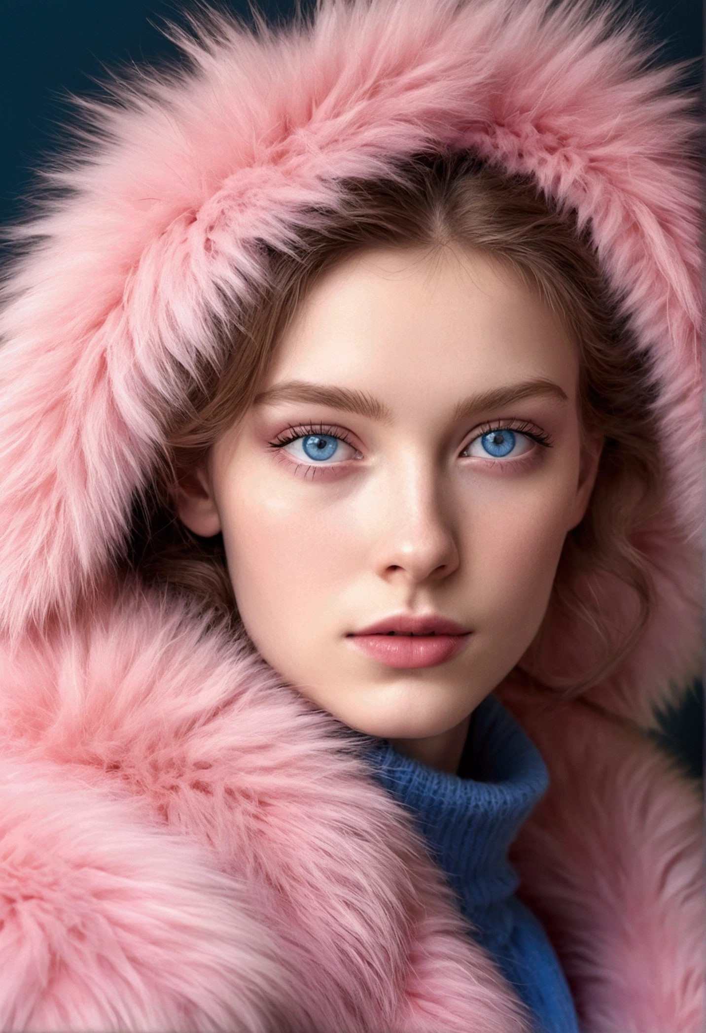 tall girl,pink fur, blue eyes, hyperdetailed photographs, soft light,realist