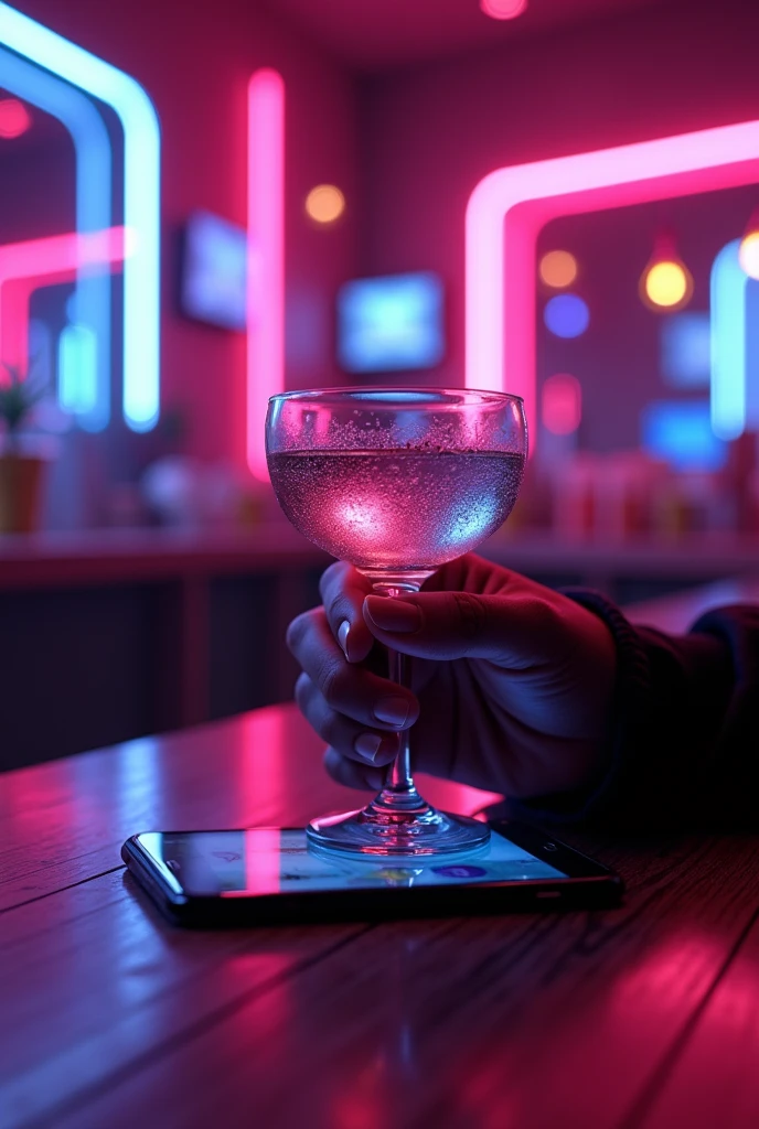 A glass and an iPhone in a neon-lit club
