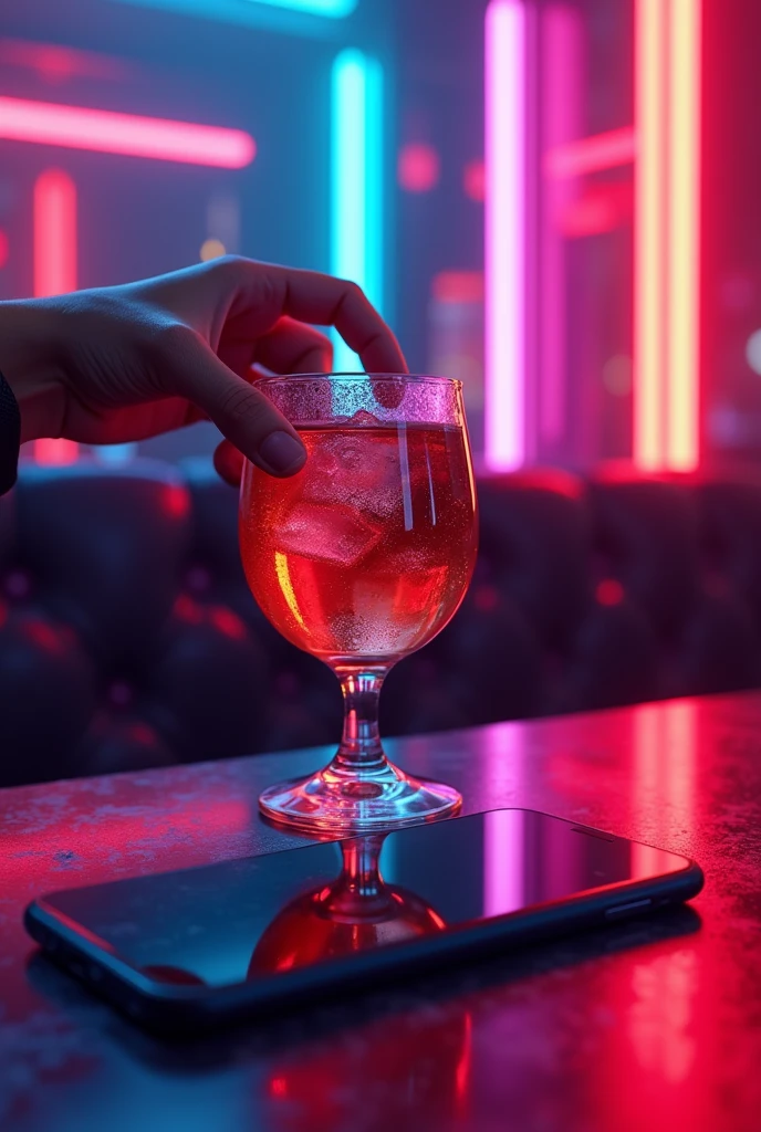 A glass and an iPhone in a neon-lit club
