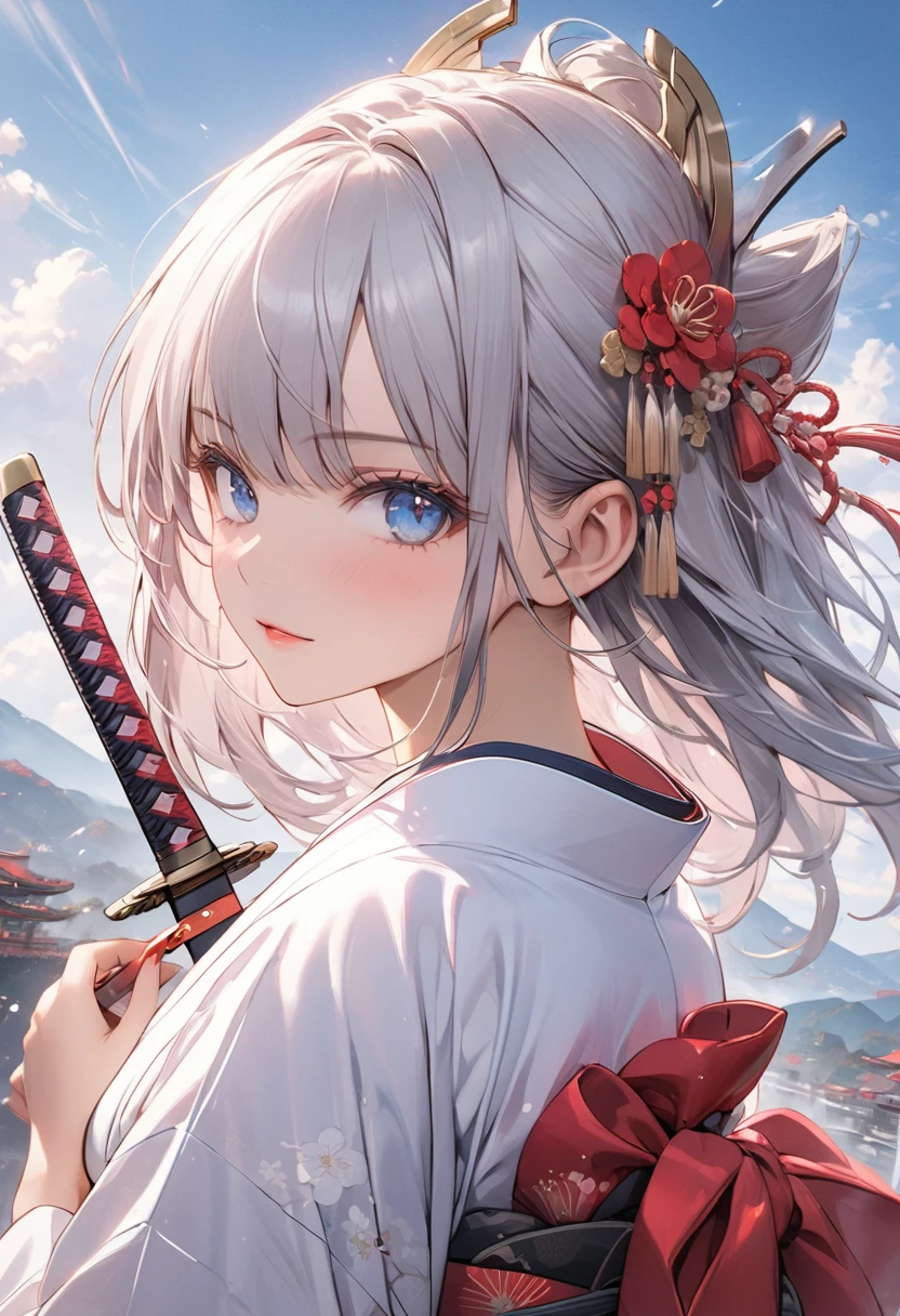 1girl,(samurai),((hakama)),silver hair,blue eyes,(((masterpiece,ultra detailed,absolutely resolution))),dramatic angle