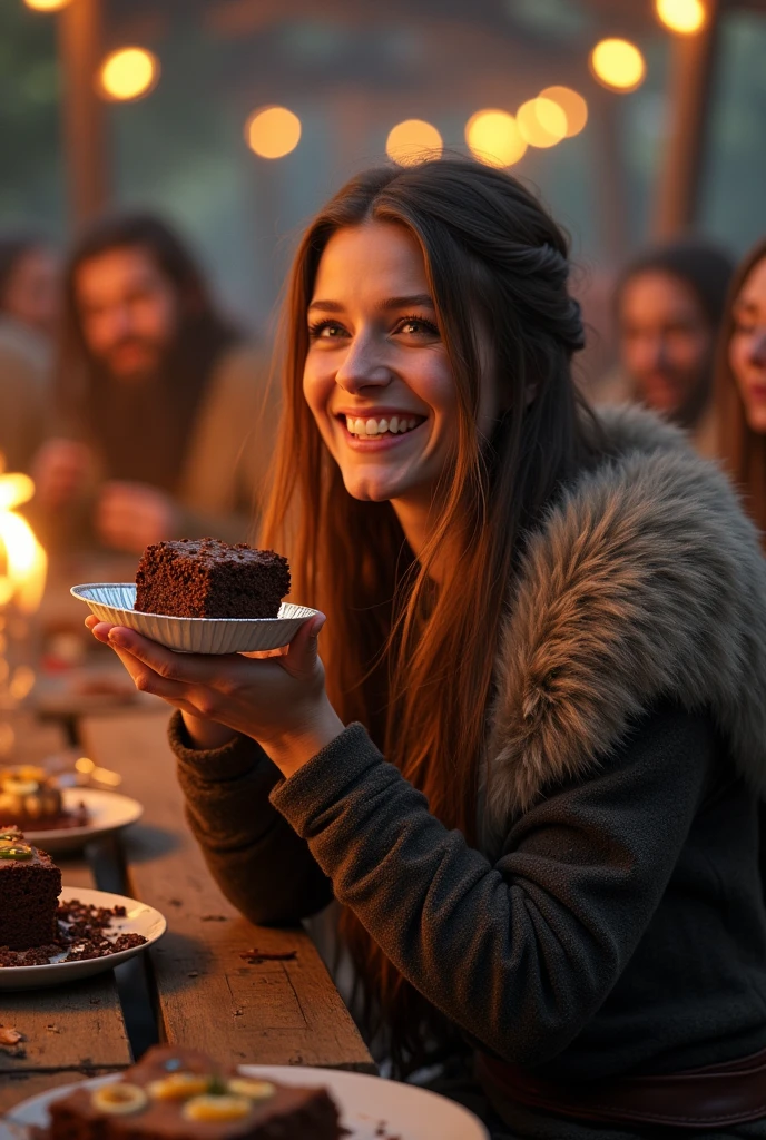 viking woman, happy, in a feast,eating brownie on small aluminum tray .