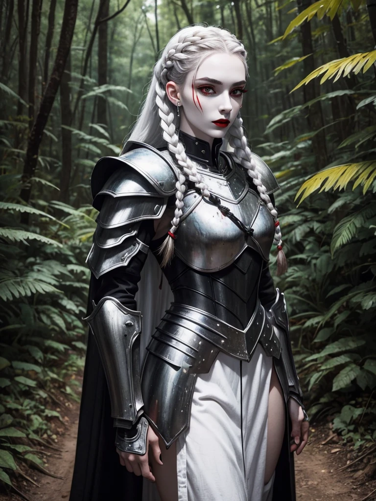 women. by white. braids. Braided hair. white eyebrows. Red eyes. Black painted lips. BLACK LIPS. pale skin. perfect face. realist. Skinny body. armor metalica de color negro con detalles dorados. armor. Dressed in armor. perfect body. realist. In the woods.