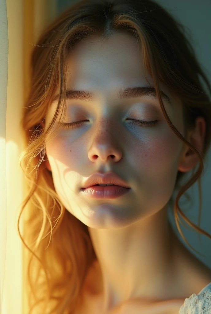 young woman face, angelic, tender, innocent, feminine, Beautiful and delicate, yellow lighting, blue shadows, the lighting comes from the left, The face is facing forward and tilted upwards, dark blonde hair, skin very white, closed eyes, expression of peace, and very saturated colors, front face, thin lips, aspect