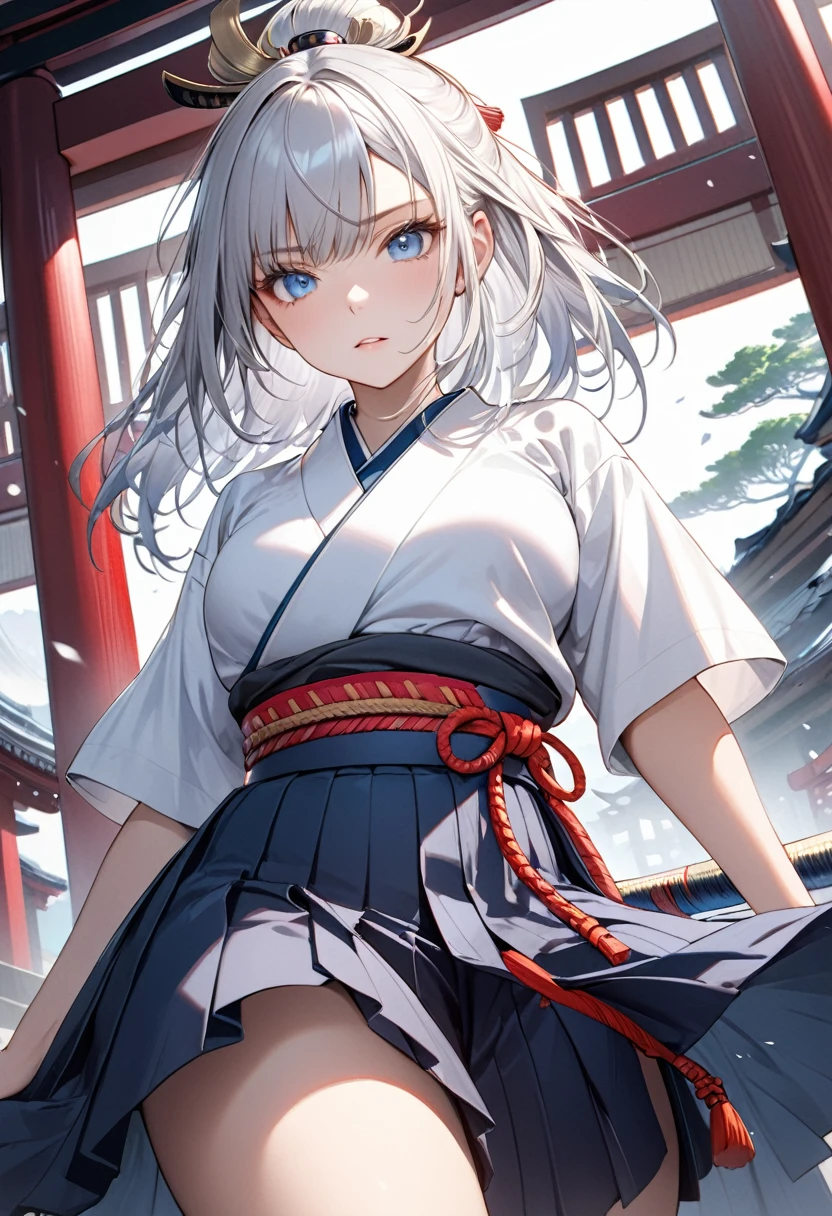 1girl,(samurai),((hakama)),silver hair,blue eyes,(((masterpiece,ultra detailed,absolutely resolution))),dramatic angle