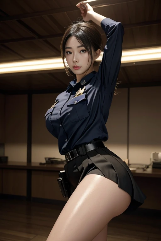 An innocent 20-year-old girl、((Police Girl, Sexy police uniform, skirt, Cute and elegant, Dramatic Pose)),nightの街の背景,Shortcuts、RAW Photos, (8k、Highest quality、masterpiece:1.2)、(Intricate details:1.4)、(Realistic:1.4)、Octane Rendering、Complex 3D rendering with ultra-detail, Studio Soft Light, Rim Light, Sharp details, Super Detail, Realistic skin texture, detailed aspects, Beautiful details in the eyes, Highly detailed CG Unity 16k wallpaper, Compensate, (Detailed Background:1.2), Glowing Skin, whole body,Hands down、Spread your legs and show me your panties, Black Hair, Sexy police officer in uniform, night, Facial details, from the front, Ready your gun?, refer