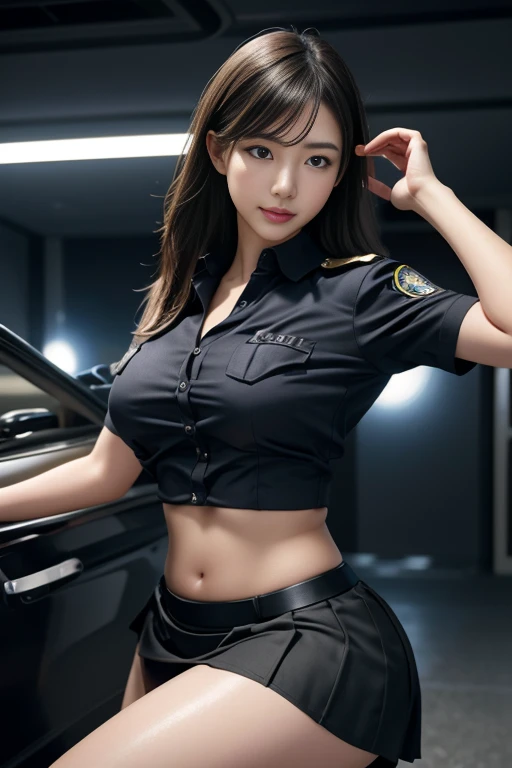 1girl,  (police woman:1), uniform, night street, lighting on face, bright back lighting, medium breast, ultra high res, best quality, photo, 8k, (photorealistic:1.2),(supercar:1),(rise baton:1),(police car:1),(AV actress:1),(topless:1),(expose breasts:1),(Police cap:1),