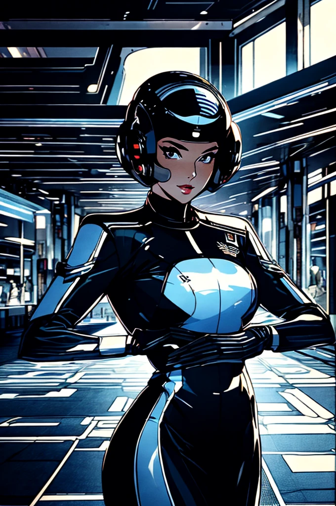 assembleia in a retro-futuristic style from the 1950s. The hall should be filled with people, all dressed in retro-futuristic attire. Some are wearing sleek, mid-century modern clothing with futuristic twists, while others are in uniforms reminiscent of a spacefaring society. A few individuals are clad in ornate, battle-ready armor with a 1950s sci-fi aesthetic. And the walls feature geometric patterns and futuristic murals. The atmosphere is bustling, capturing the energy and diversity of this imagined society. The overall scene combines vintage futuristic design with a sense of community and readiness for adventure