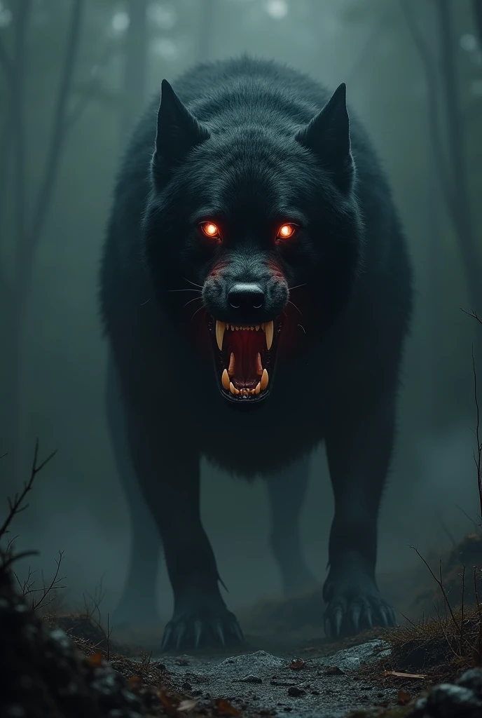 A scary black dog with glowing eyes
