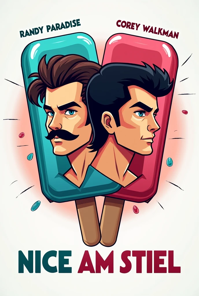 I need  a significant logo for a YouTube channel which contains topics like movies, action figures, cosplays, video games and pop culture. the name of channel is NICE AM STIEL which is a german pun for a popsicle which means EIS AM STIEL in german. please visualize a proper logo with the likeness of a popsicle and everything I mentioned in the description. Be sure that the logo looks like two 80's characters like the main protagonists from MIAMI VICE - made them out of popsicle, one Male has a mustache, a Mullet and a light skin tone and the other Male has slightly longer black hair and a brown skin tone but most importantly the Logo as to feature the name NICE AM STIEL put the Names  "Randy Paradise & Corey Walkman" above that characters be sure that the characters ar two males and DO NOT miss out the popsicle theme