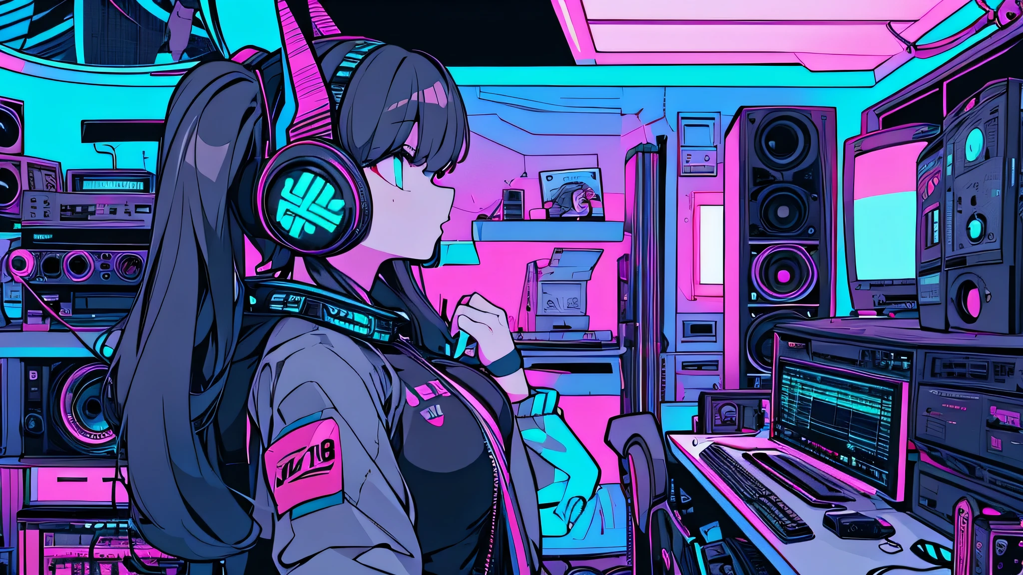 Best quality, (masterpiece), best detail face,1 girl, big breasts, Side view , 18 yo, 8k,absurdres,unity 8k wall paper,(extremely detailed:1.3), highest realistic, (retro headphones:), (soft neon light:), (psychedelic), Her room full of music equipment and records, sports wear , See the whole room , dark grey color pallet, pony tail hair