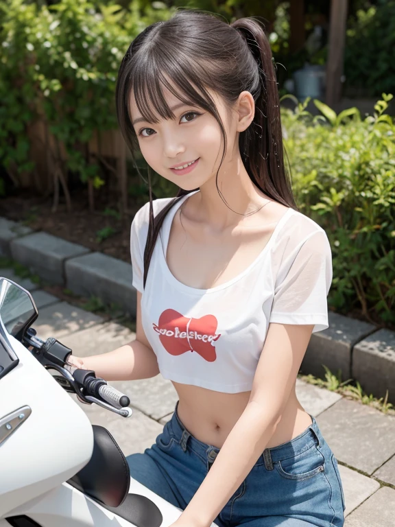 Japanese female, a lot of details, (underweight), 30 years old, detailed black hair, beautiful detailed hair, super fucking beautiful, delicate beautiful face, complex details beautiful and delicate eyes, perfect hands, (flat chest best quality:1.5), perfect and delicate limbs, detailed skin, best quality, ultra-detailed,(cheerful grin:1.5),
street, (KAWASAKI super sports motorcycle:1.1), (riding motorcycle), (red shorts), (white tank top), in the city, (low angle shot:1.1)