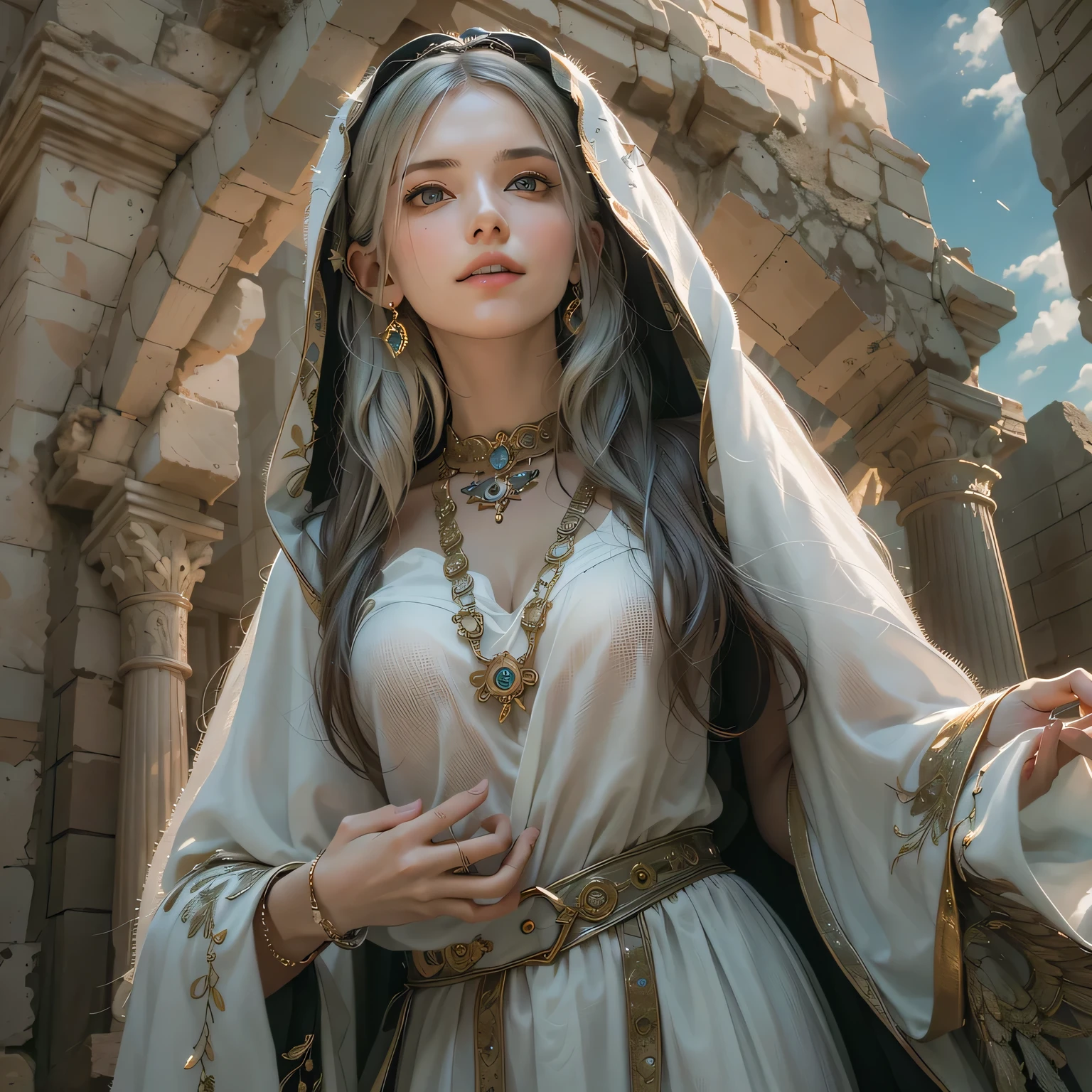 medieval fantasy, priestess in her late 40s, warm and welcoming presence, long wavy brown hairs, pink and gold ribbons, gentle green eyes, fair skin bears the soft lines of age and wisdom, flowing pink and gold robes, gold pendant, in a temple
