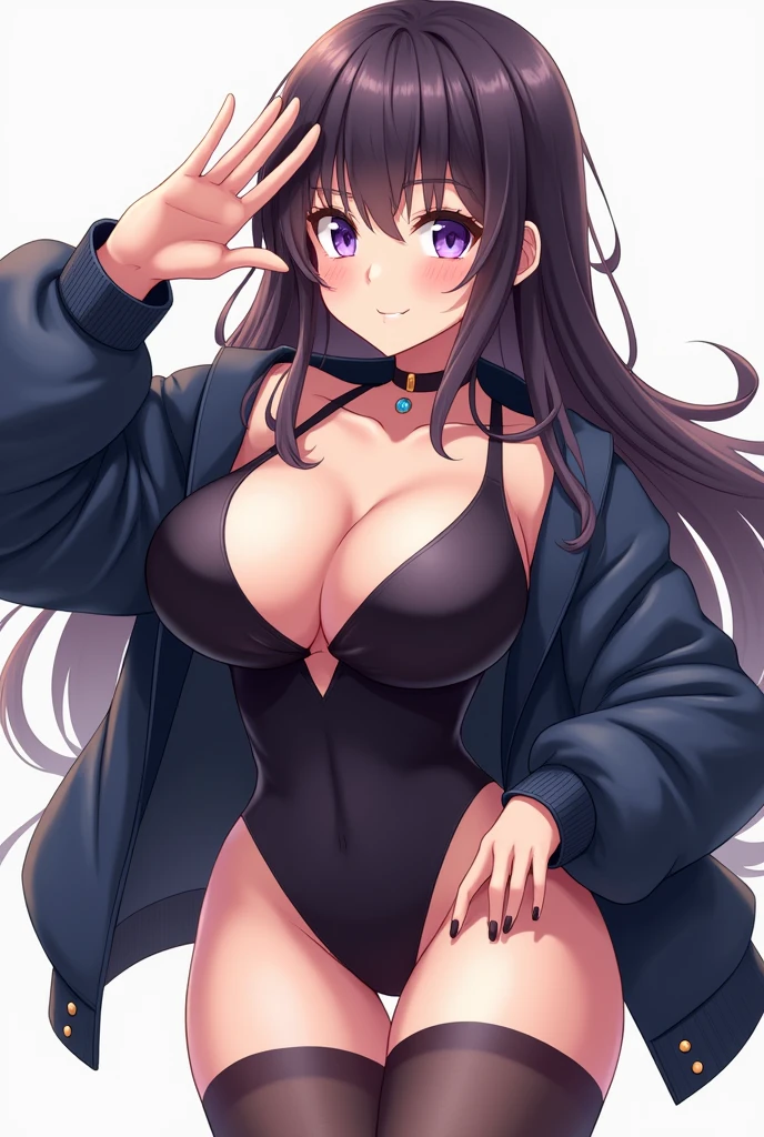 score_9,score_8_up,score_7_up,source_anime, expressive eyes, perfect face,1girl,Massive Breast,Huge Ass,Oversized Jacket,Bodysuit,Long hair, onepiecestyle,salute,Violet hair,smile