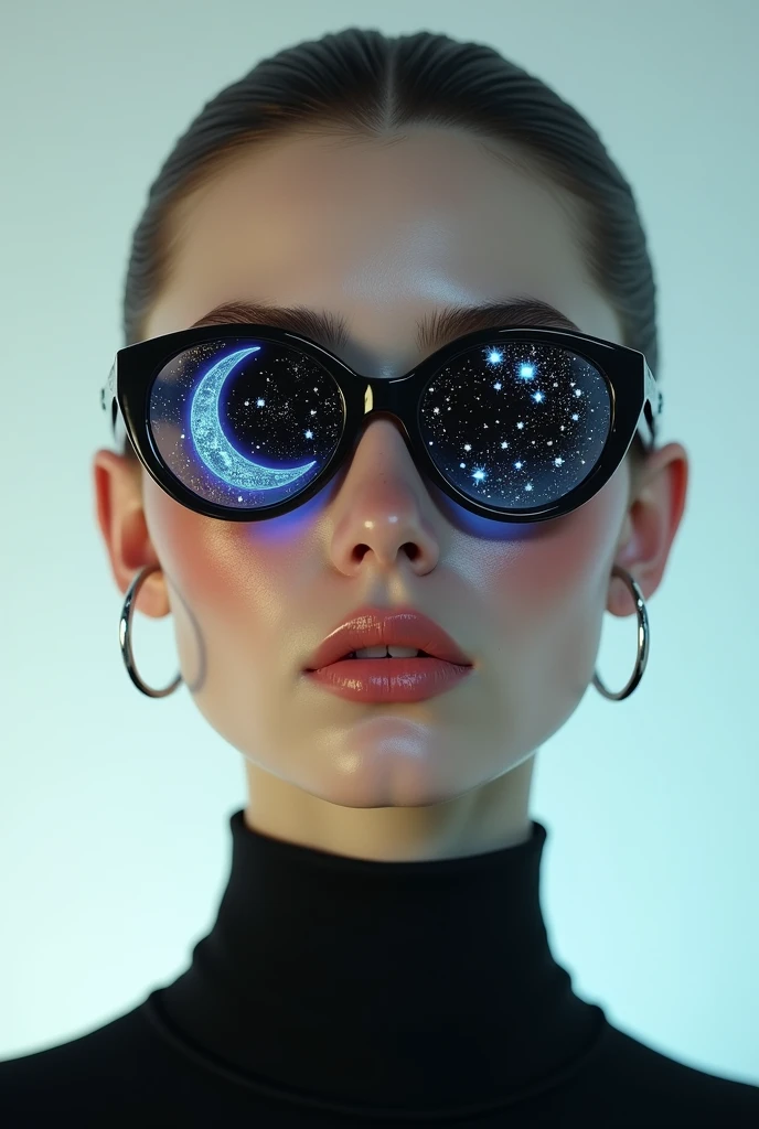 The model is wearing glass sunglasses with stars and the moon on the glass