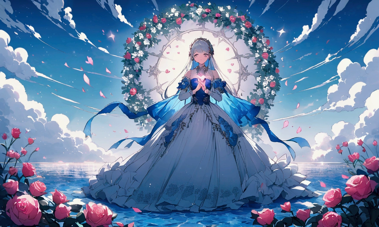 In a romantic atmosphere,Broken Heart,Stroll through the Sea of Roses,Under the blue sky and white clouds,Feel the romantic theme of Valentine's Day's Day。