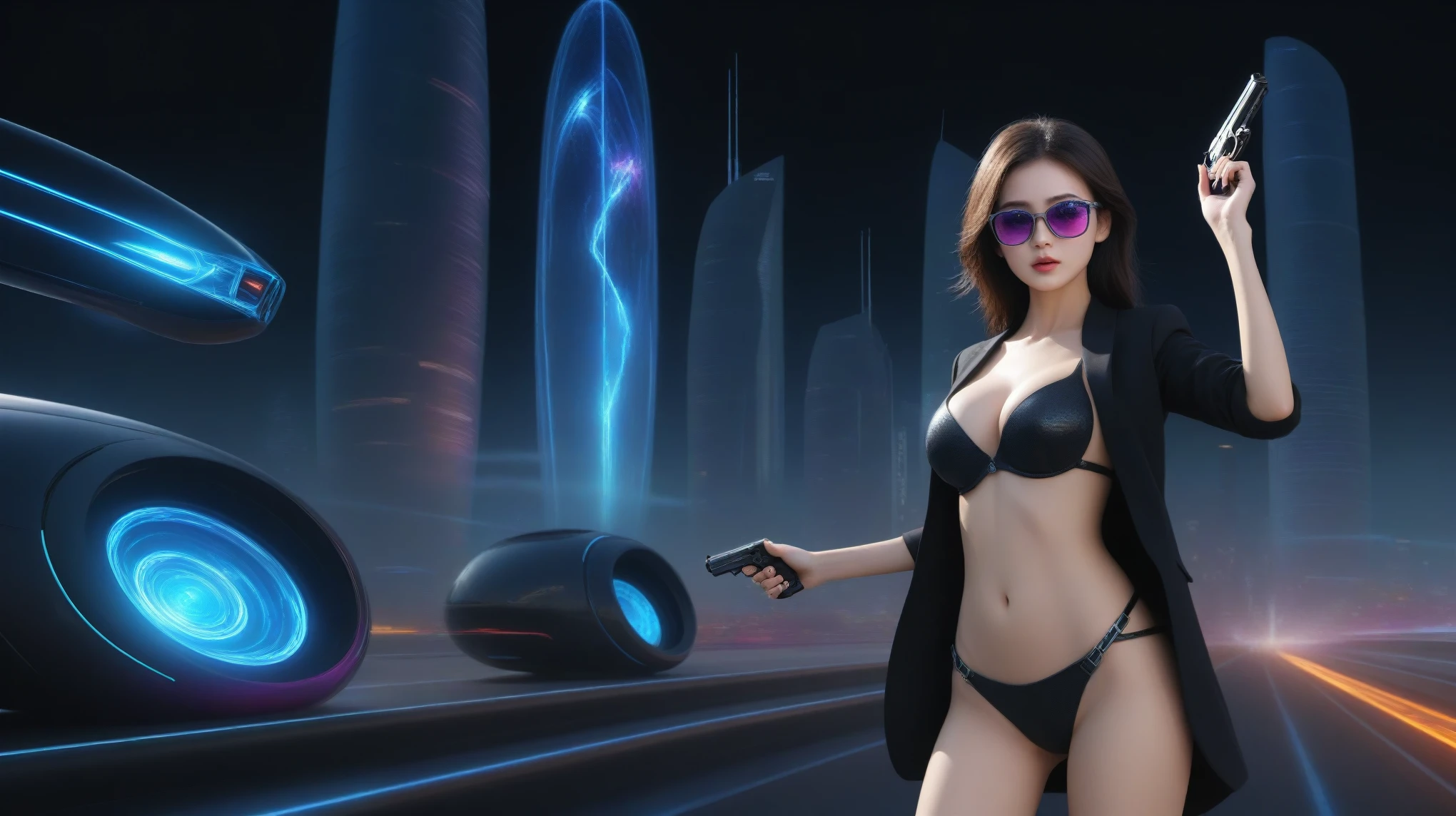 A sexy young slim woman wearing a black suit and dark glasses stood still, (holding a short gun), large-breast cleavage. The background is full of Sparkling, colorful electricity and colorful visual effects, flying cars, sci-fi sparkling-spirit wormhole. Realistic style and high definition Dynamic poses and stunning lighting.