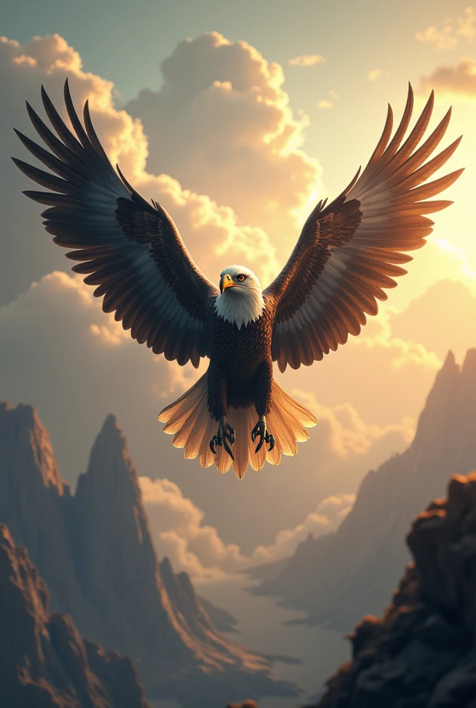 Create an image image of an archetype The eagle is a symbol of vision, freedom and transcendence. Known for its keen vision and ability to fly at high altitudes, the eagle represents clarity of vision and elevated perspective. symbolically, It is associated with freedom and the ability to rise above worldly problems to see life from a broader perspective.. Na mitologia, the eagle is often seen as a messenger of the gods, representing the connection between the world