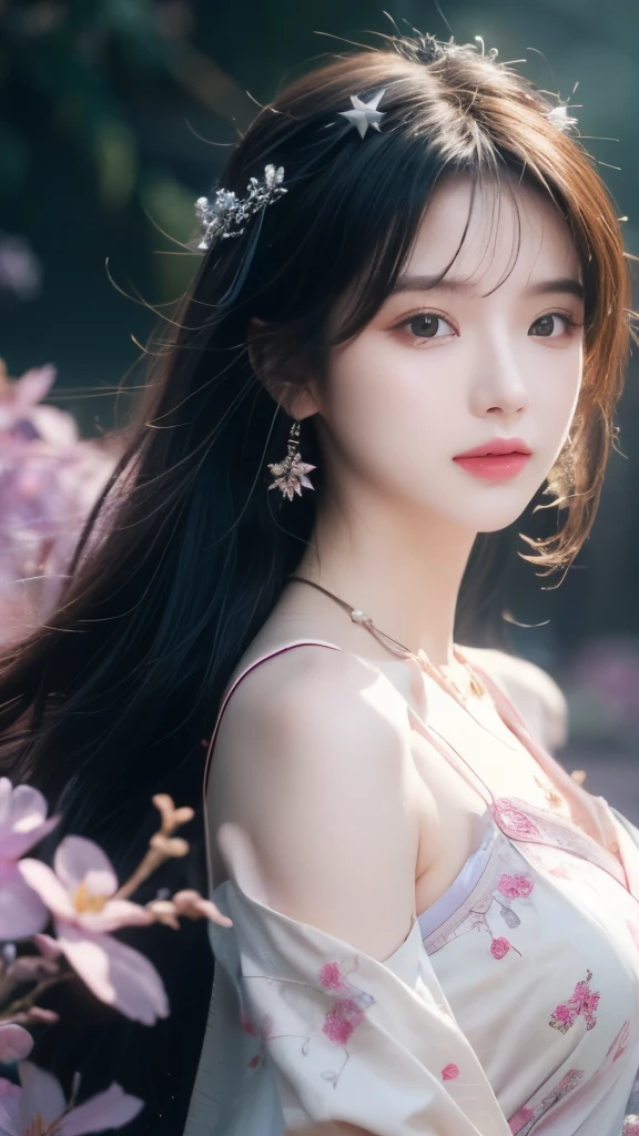 (high quality、Top quality、realism、Unified 8K:1.5)masterpiece,Maximum resolution,A girl,healthy plump body,Big boobs:1.3,Body facing the camera:1.3,AttentiontoDetail,Sexy,noble,Pretty Face:1.2,Hair details,The texture of the details:1.1,Translucent effect:1.3,light purple,透亮华丽Hanfu:1.4,Flower embroidery:1.1,Off-shoulder,sling,cleveage,silk,close-fitting clothes,Hanfu:1.3,Black long hair,Chinese Hair Accessories,Thin waist,cliff,dusk