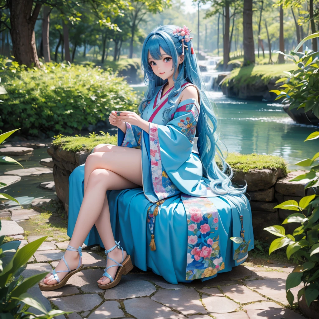 Masterpiece, Best Quality, Official Art, 8k Wallpaper, Very Detailed, Illustration, 1 Girl, Sky Blue Hair, Long Hair, Detailed Eyes, Forrest Gump, Bare Shoulders, Hanfu, Lake, Pure, Soft Smile, bamboo, tea