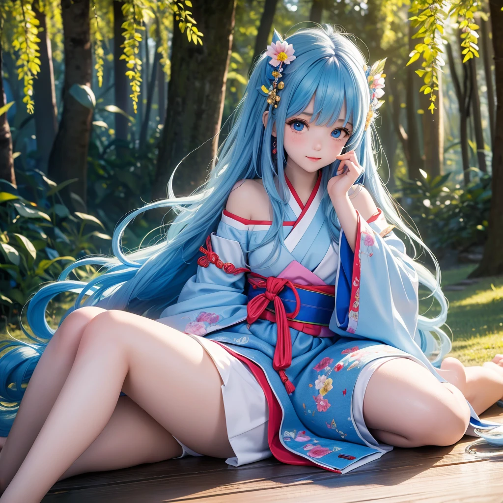 Masterpiece, Best Quality, Official Art, 8k Wallpaper, Very Detailed, Illustration, 1 Girl, Sky Blue Hair, Long Hair, Detailed Eyes, Forrest Gump, Bare Shoulders, Hanfu, Lake, Pure, Soft Smile, bamboo, tea