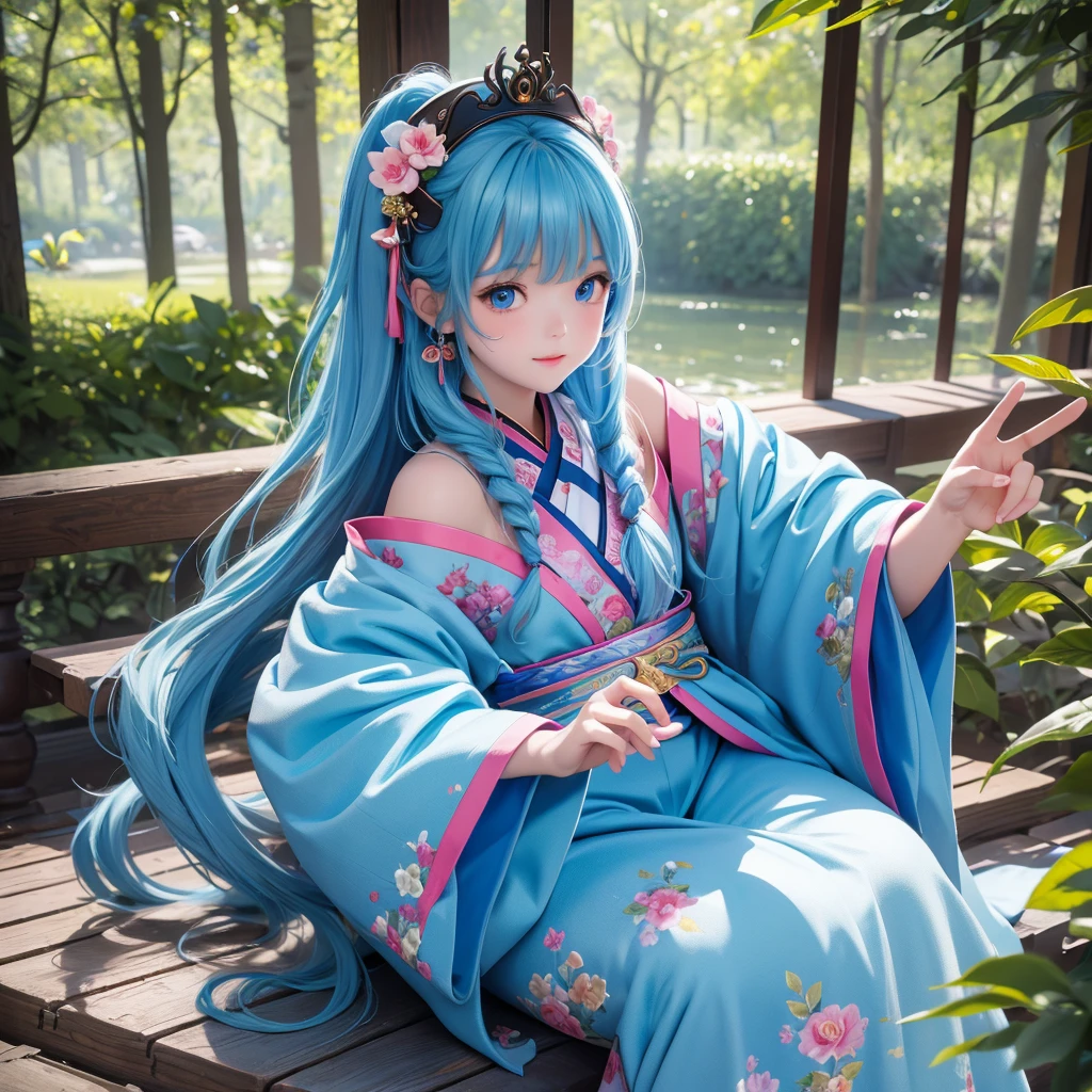 Masterpiece, Best Quality, Official Art, 8k Wallpaper, Very Detailed, Illustration, 1 Girl, Sky Blue Hair, Long Hair, Detailed Eyes, Forrest Gump, Bare Shoulders, Hanfu, Lake, Pure, Soft Smile, bamboo, tea