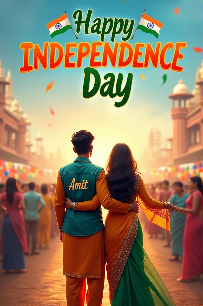 real young couple, Ajay and Pooja stand together, both 20 years old, joyfully celebrate Indian Independence Day. They are wearing indian outfits and Amit name is written on boy's outfit and Tikki written on girl's outfit. Above them, in the sky, the words "Happy Independence Day" are displayed in a bold font. The backdrop is filled with people celebrating, enhancing the festive and patriotic spirit of the day.make sure text should be correct.