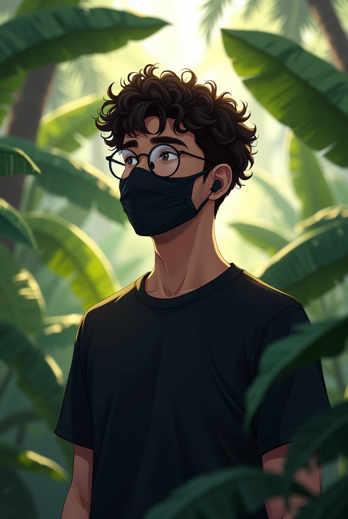 Create an illustration of a young man standing outdoors, surrounded by lush greenery with banana leaves and trees in the background. The scene is partially shaded, with sunlight filtering through the foliage, casting soft shadows on the subject. The man is wearing a black face mask, round glasses, and a black t-shirt. His curly hair is slightly tousled, and he is looking slightly upwards, with earbuds visible in his ears. The lighting highlights the texture of his hair and the fabric of his mask, creating a natural yet mysterious atmosphere. The overall mood should be calm and reflective, with a focus on the contrast between the dark attire of the man and the vibrant green background.