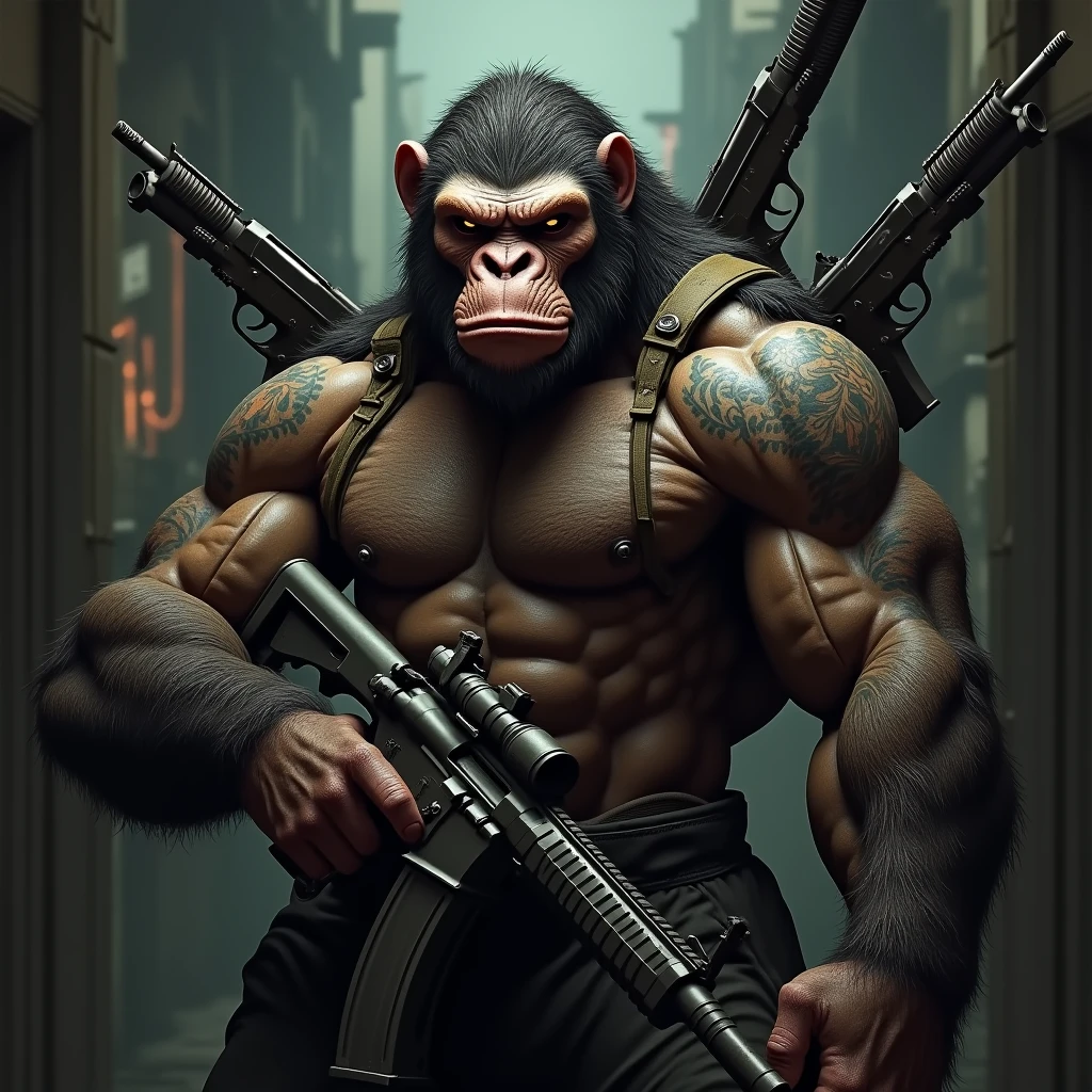 Gangster ape with gun, tattoos and guns on his back and guns even in his teeth