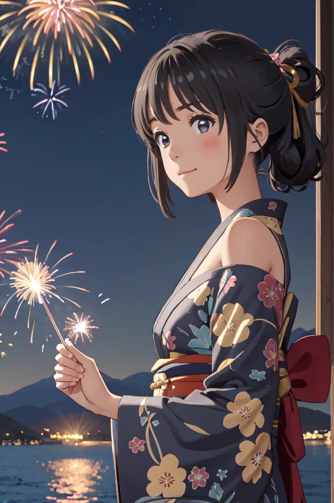 masterpiece, best quality, ultra detailed, highres, extremely detailed CG unity 8k wallpaper, perfect lighting,  very detailed background, beautiful and aesthetic,sharp focus, perfect face, dynamic pose, dynamic angle,
1girl, upper body, (portrait:1.1), multicolored yukata, kanzashi, looking at viewer,  full-face blush, from side, from below, smile,
night, dark sky, misty lake, mountainous horizon, break,aerial fireworks,  (Full of sky fireworks:1.2),
Shoulder Bare、Off the shoulder、(大きな胸)