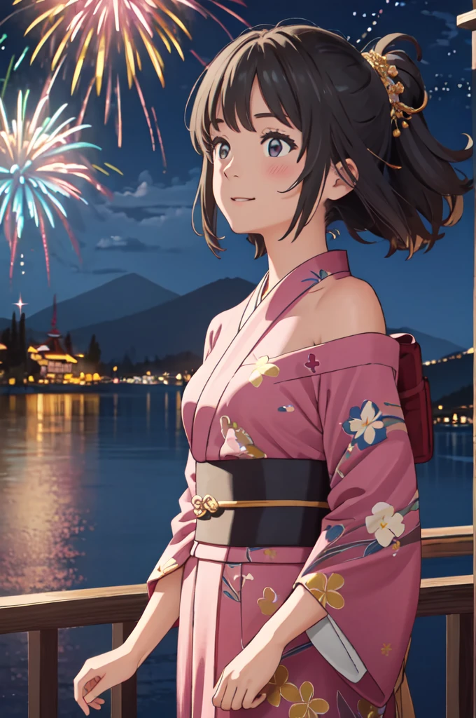 masterpiece, best quality, ultra detailed, highres, extremely detailed CG unity 8k wallpaper, perfect lighting,  very detailed background, beautiful and aesthetic,sharp focus, perfect face, dynamic pose, dynamic angle,
1girl, upper body, (portrait:1.1), multicolored yukata, kanzashi, looking at viewer,  full-face blush, from side, from below, smile,
night, dark sky, misty lake, mountainous horizon, break,aerial fireworks,  (Full of sky fireworks:1.2),
Shoulder Bare、Off the shoulder、(大きな胸)