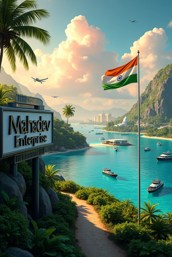 A tropical island with the name "Mahadev Enterprse " written on a large sign, an Indian flag waving in the foreground, and various boats and aircraft in the background against a colorful sky