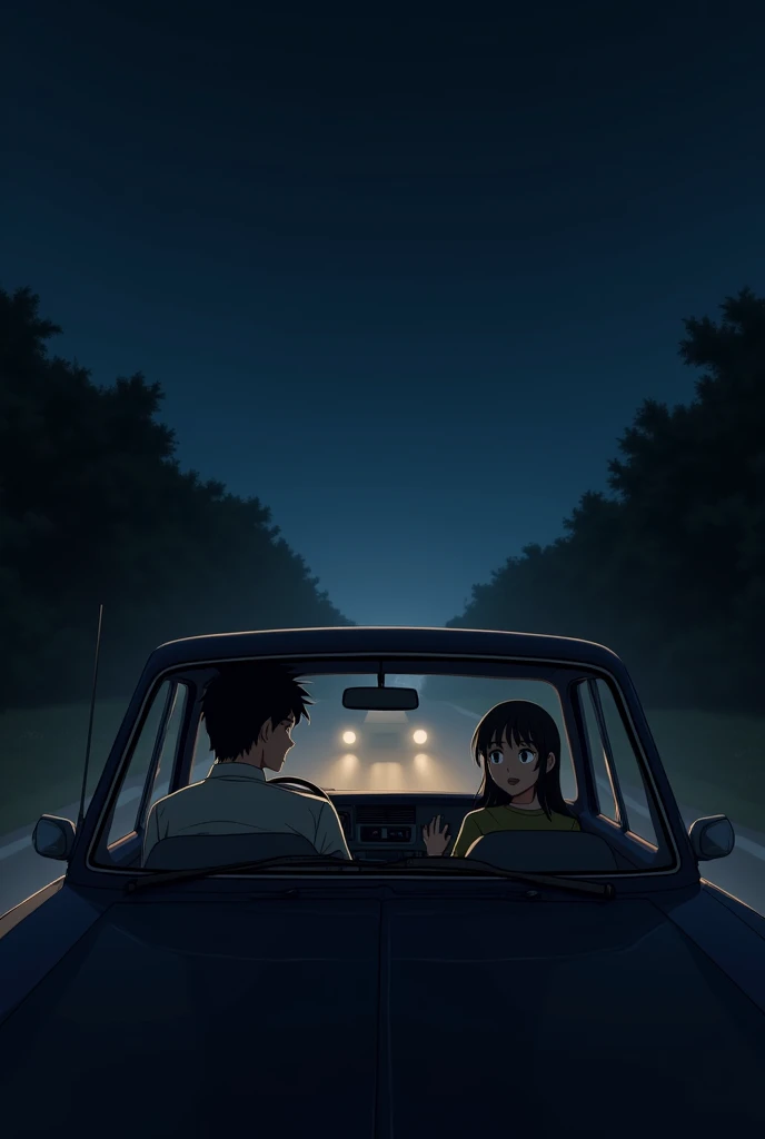 Anime style scene inside a car on a dark, deserted highway at night. Rohan, with a concerned expression, is driving, while Meera, sitting in the passenger seat, smiles softly and looks out the window, enjoying the silence. The car's interior is gently illuminated by the dashboard lights, and outside the road is dark and surrounded by shadowy trees, creating a serene yet slightly eerie atmosphere."