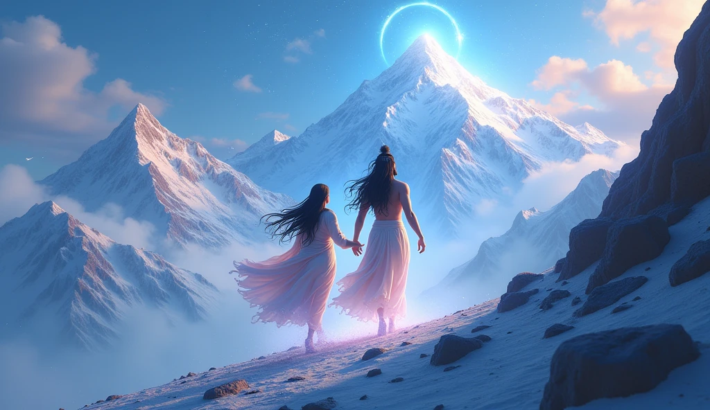 In cinematic 3D cartoon style. Return to Mount Kailash: Show Shiva and Parvati together, gracefully ascending to Mount Kailash, their new home. The landscape is majestic, with the couple radiating divine energy, symbolizing the union of Shiva and Shakti.