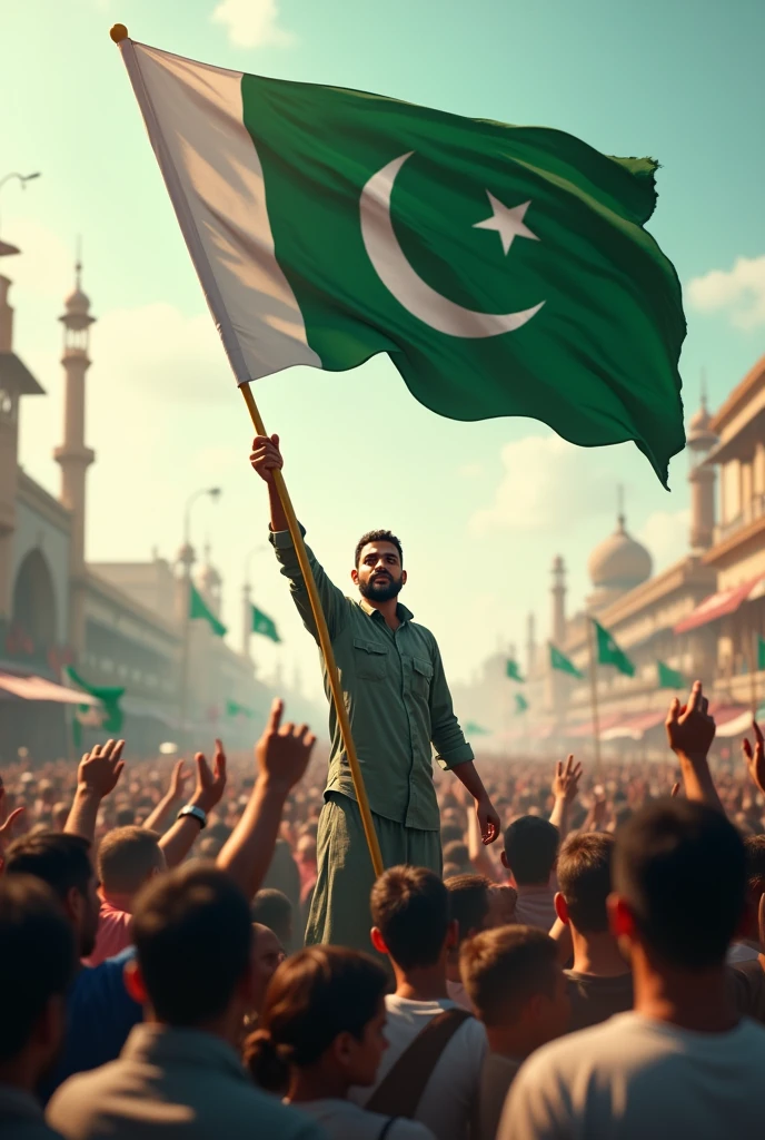 Pakistani flag in rod holding man in crowd area