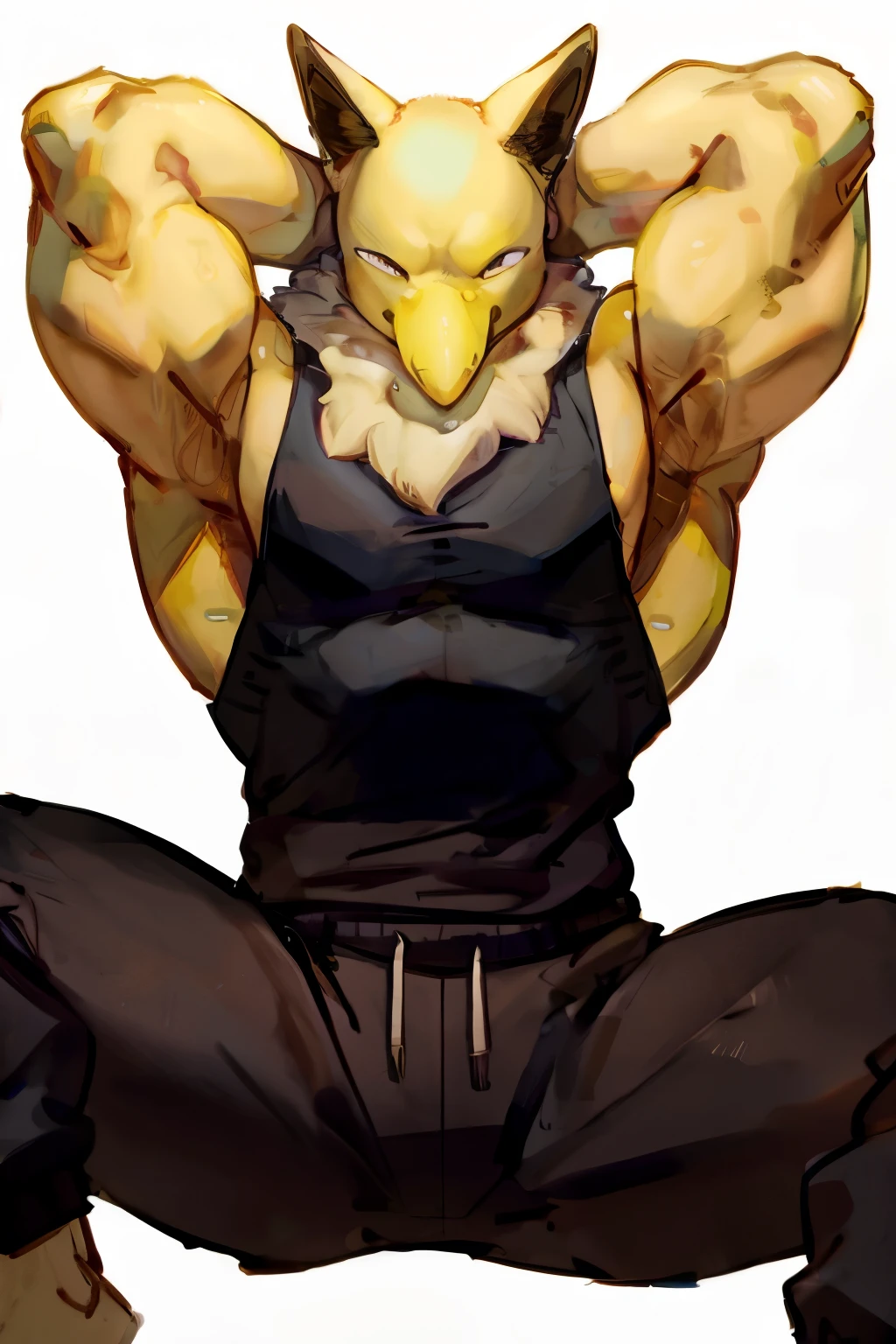 Furry, Anthro, solo, Hypno, Male, (((muscular body, massive male pectorals, yellow-gold skin, fluffy neck, wearing white fur around neck))), ((((massive biceps, wide-eyed, head tilted)))), ((((((massive bulky torso, happy, hands behind head, spread legs, wearing black full male tanktop, wearing black sweatpants)))))), upper body, black/yellow spraypainted background, by buta99, by zackary911, by bebebebebe, (((digital painting)))