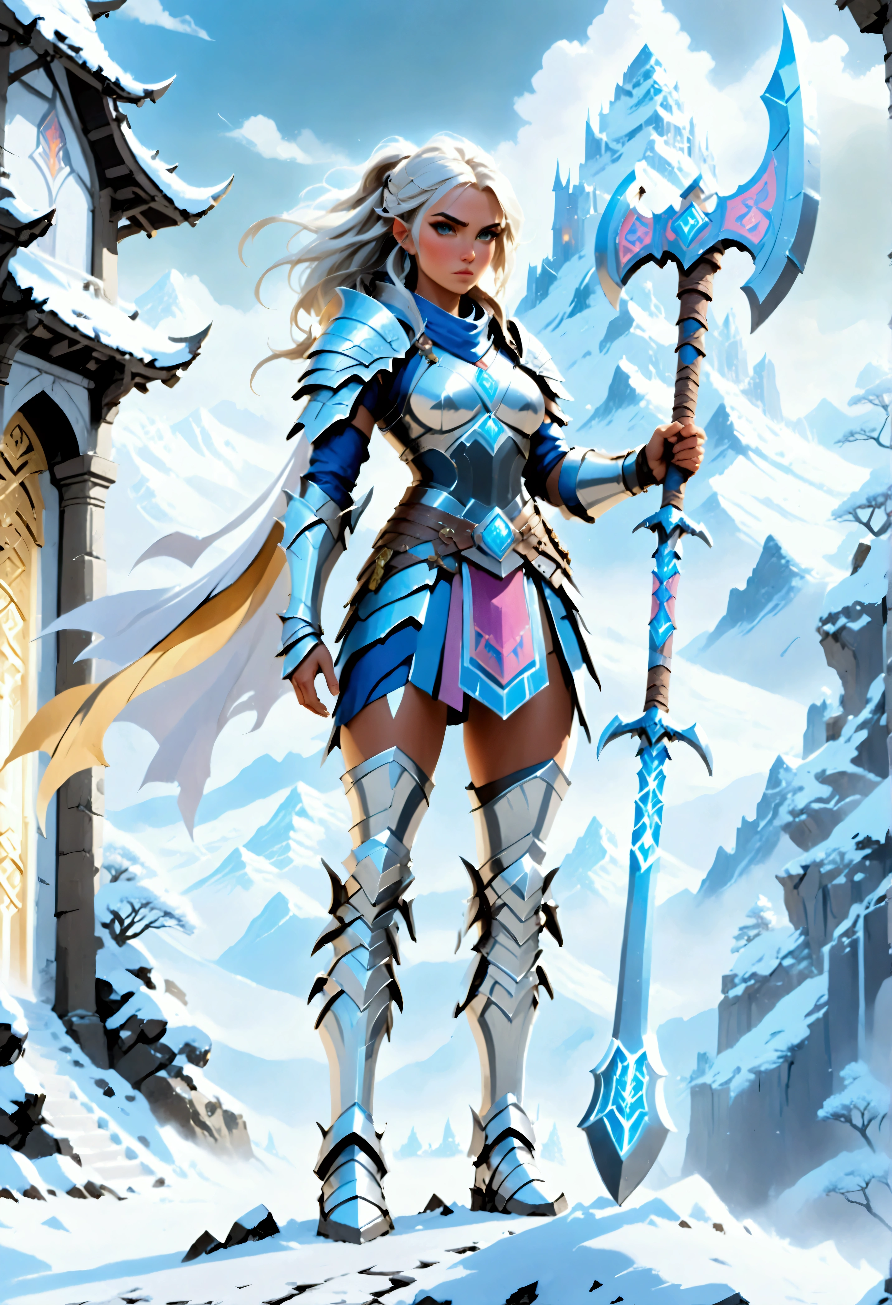 a fantasy art illustration of a female giant knight armed with a ((mighty battleaxe: 1.5)) standing at the temple gates built on snowy mountain, (((she is as tall as the mountain: 1.3))) a wild beautiful, exotic beautiful giant knight, ((anatomically correct: 1.5), (ultra detailed face: 1.2), best detailed face, dynamic hair color, dynamic hair style, armed with a giant axe, shiny axe, its blade reflects the sunlight, studded with gems, wearing metal armor, dynamic armor color, wearing high heeled boots, standing near a fantasy temple, magnificent temple, with a tower, on snowy mountain (((she is as tall as the mountain:1.3))), vibrant, Hyperrealism style, vibrant, Ultra-high resolution, High Contrast, (masterpiece:1.5), highest quality, Best aesthetics), best details, best quality, highres, ultra wide angle, 16k, [ultra detailed], masterpiece, best quality, (extremely detailed) RAW, rpg portrait battleaxe