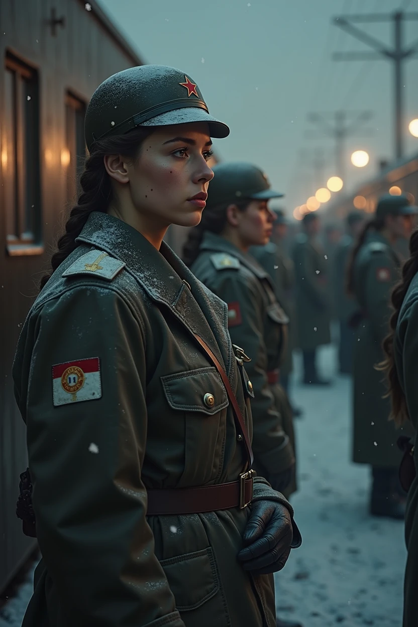 masterpiece, best quality,Soviet female soldiers,World War II,TRAIN STATION,About to travel,dimly lit scene,Dim Lights,Snow