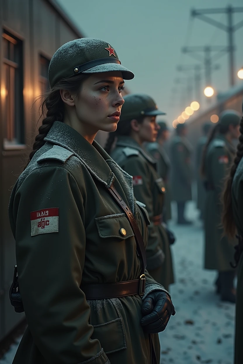 masterpiece, best quality,Soviet female soldiers,World War II,TRAIN STATION,About to travel,dimly lit scene,Dim Lights,Snow