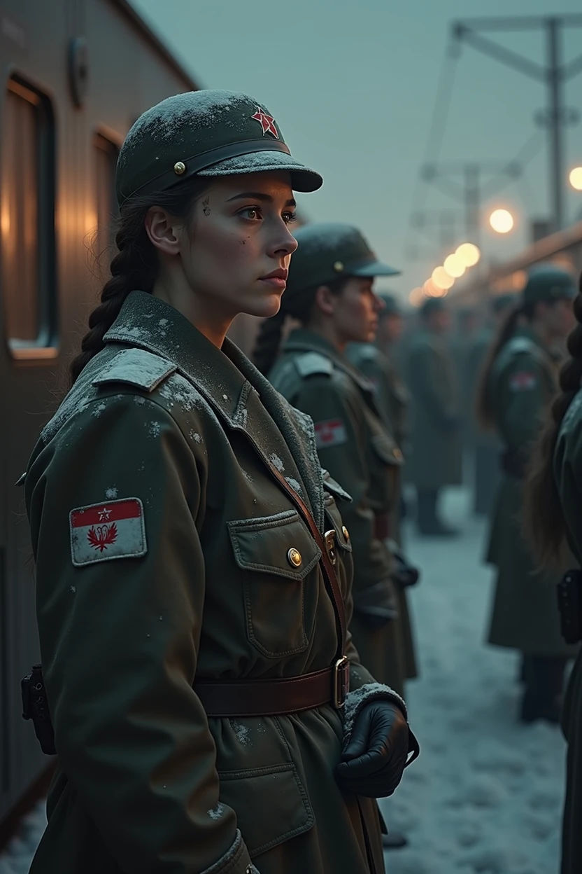 masterpiece, best quality,Soviet female soldiers，World War II，TRAIN STATION，About to travel，dimly lit scene，Dim Lights，Snow