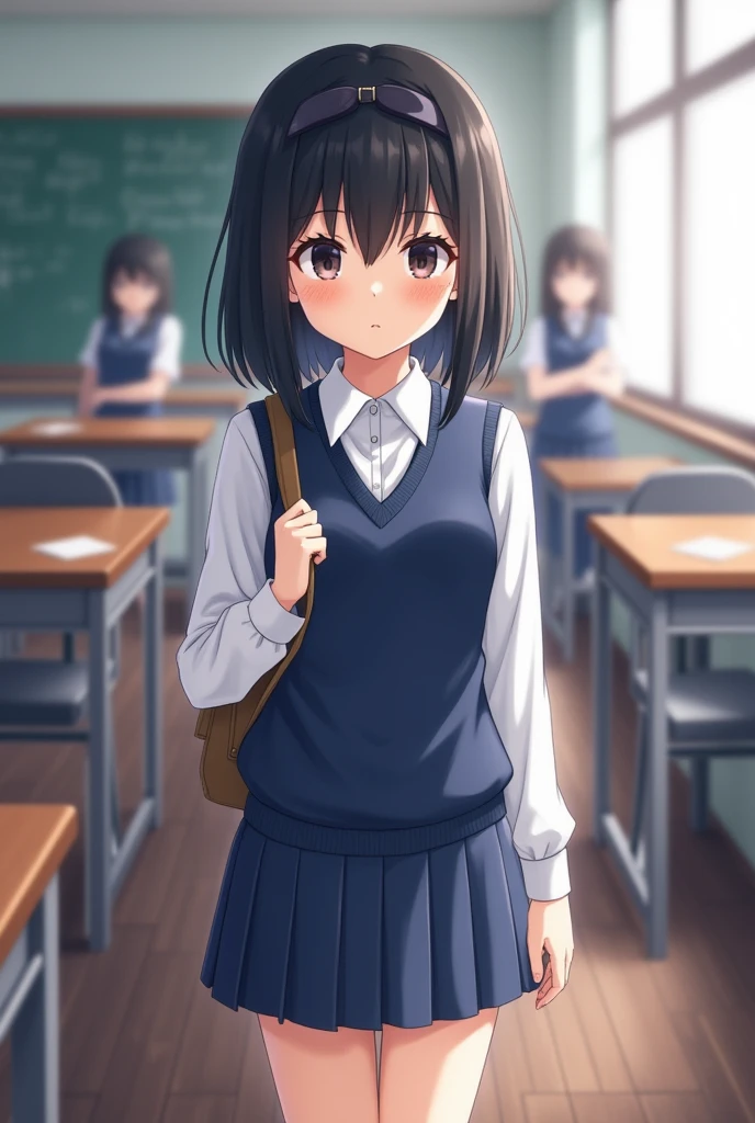 A girl with shoulder-length black hair, black eyes, . She wore a white shirt, a blue long sleeve vest, and a blue short skirt; in classroom