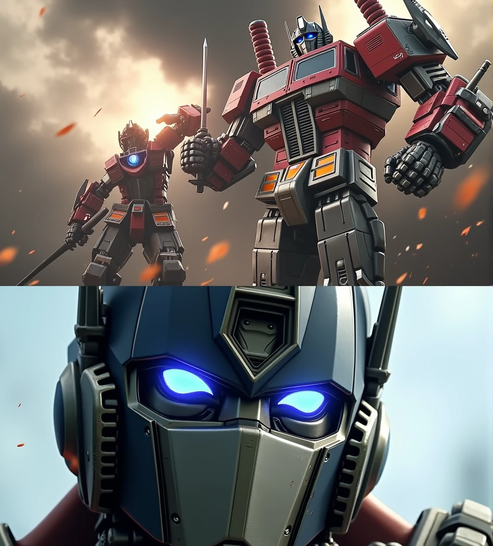 a highly detailed illustration of Optimus Prime attacking Kirito, Kirito's face is hurt, cinematic dramatic lighting, dark moody colors, dynamic action pose, photorealistic 3d render, intricate mecha machinery, intense battle scene, striking contrast between Optimus Prime and Kirito, gritty realistic textures, compelling cinematic composition, moody and intense atmosphere, ultra-detailed and hyper-realistic